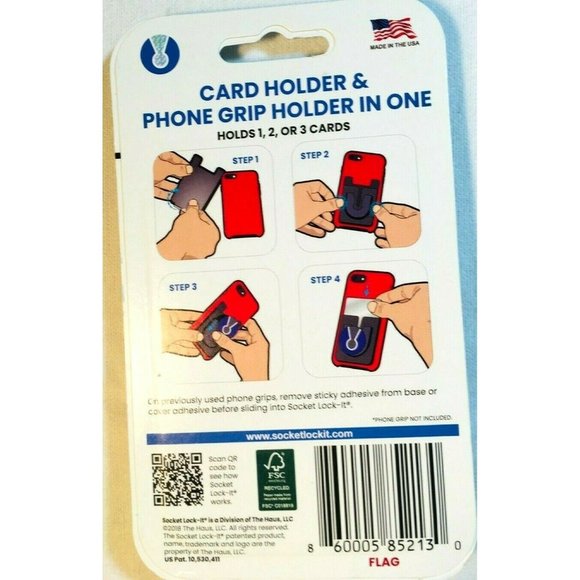 Socket Lock-it Card Holder & Phone Grip holder NEW American Flag Design PA015 - Picture 2 of 2